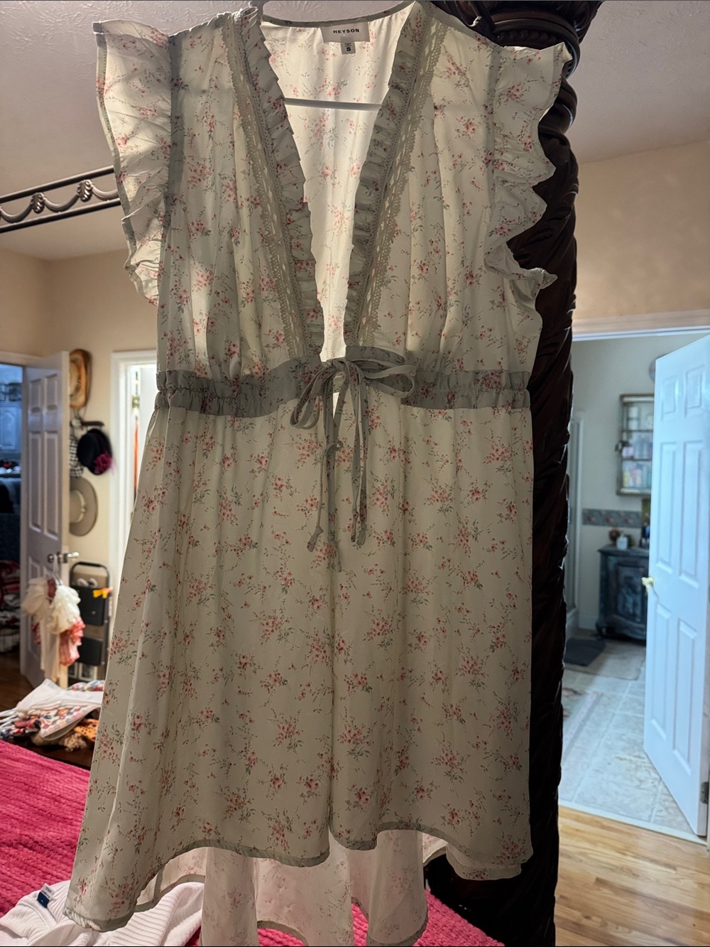 Mason Sage Floral Ruffle-Trim Tie-Front vest with Pink Blossoms